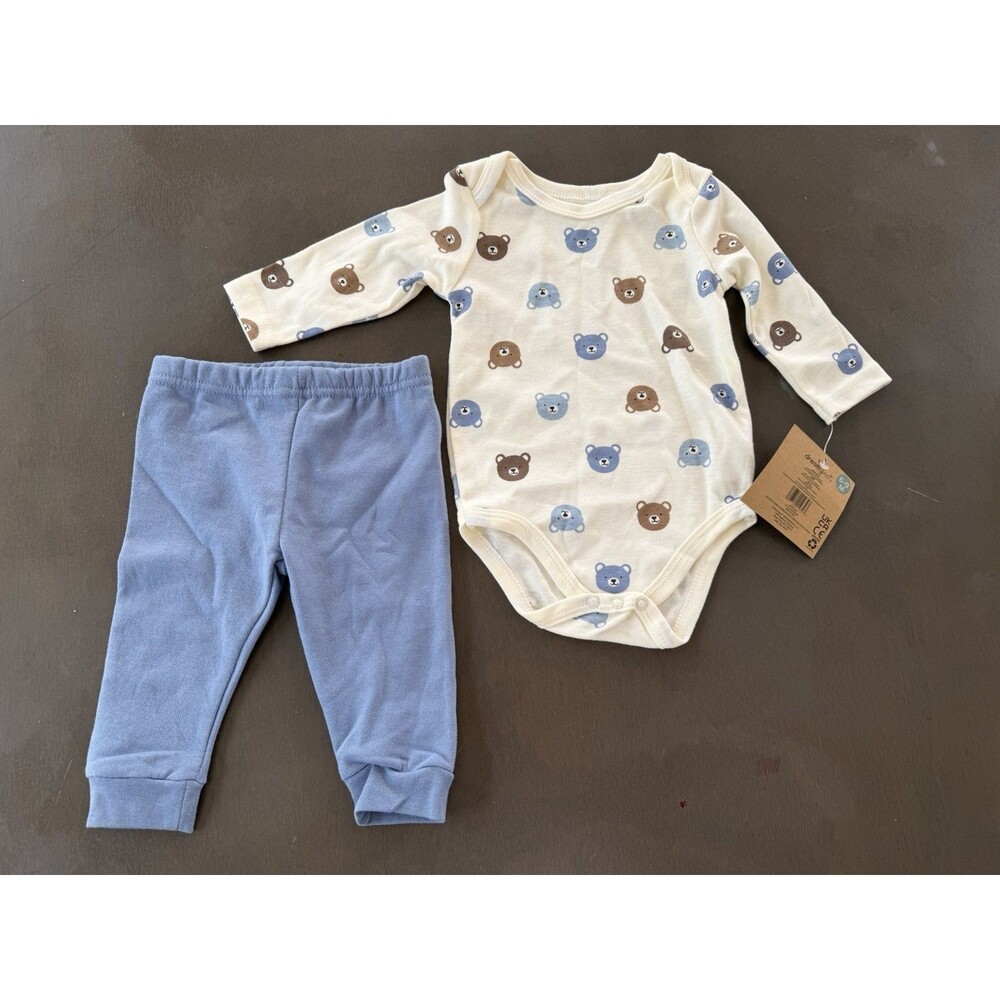 Baby Boy bodysuit & pants Set blue Cream Teddybear cotton spring fall set 6-9M